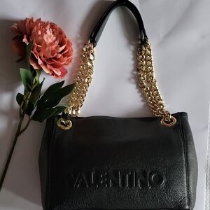 Valentino Leather Shoulder Bag with Gold Chain Black